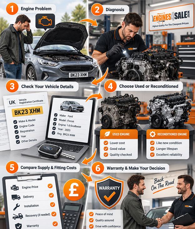 Step-by-step process showing engine diagnosis, vehicle details check, used and reconditioned engine comparison, fitting costs, warranty options and replacement engine selection in the UK