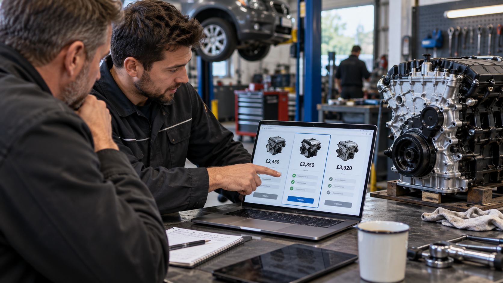 Male mechanic explaining reconditioned engine benefits to a customer with warranty recovery and fitting callouts